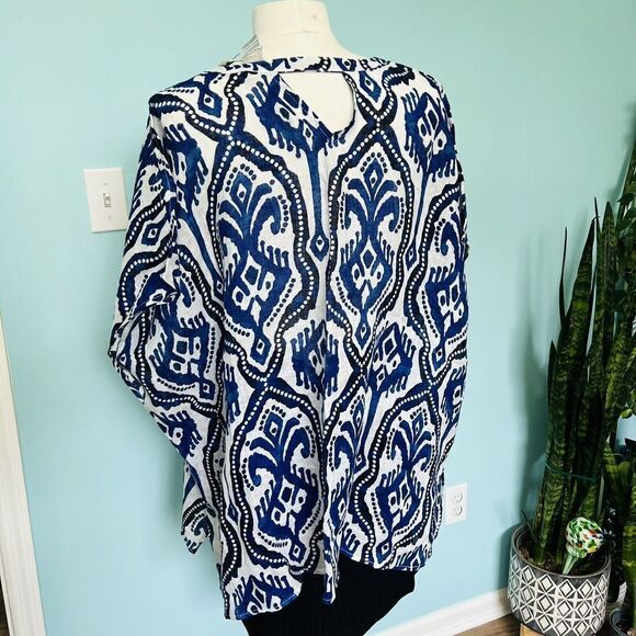 Chico’s L/XL IKAT Print 100% Linen Poncho Boxy Top Blue White Lagenlook NWT 0777 - Picture 4 of 12